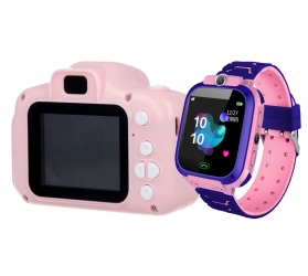 Zestaw dla dzieci kamera aparat Forever Smile SKC-100 + zegarek smartwatch Q12 różowy