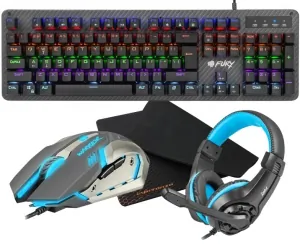 Mechaniczna klawiatura gamingowa dla graczy FURY TORNADO podświetlenie + mysz + mata + słuchawki