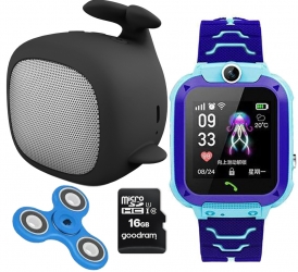 Zestaw dla dzieci zegarek smartwatch Q12 niebieski + głośnik bluetooth Forever Willy ABS-200 + karta 16GB