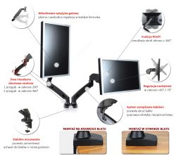 Uchwyt gazowy biurkowy do dwóch monitorów LED/LCD 13-27 cala