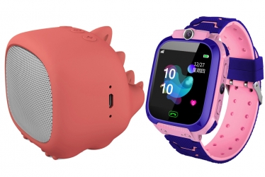Zestaw dla dzieci zegarek smartwatch Q12 różowy + głośnik bluetooth Forever Willy ABS-200 + karta 16GB