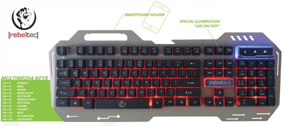 Metalowa klawiatura dla graczy Rebeltec Discovery 2 Metal LED RED miejsce na telefon