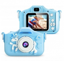 Aparat dla dzieci kamera HD X5 + ochronne etui Jednorożec - niebieski