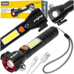 Akumulatorowa latarka ręczna ewakuacyjna REBEL LED COB ZOOM akumulator USB   młotek do szyb   nóż do pasów   magnes