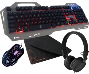 Metalowa klawiatura dla graczy Rebeltec Discovery 2 z podświetleniem + mata na biurko + mysz + słuchawki
