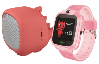 Zestaw dla dzieci zegarek smartwatch Maxlife Kids Watch MXKW-300 różowy + głośnik bluetooth Forever Willy ABS-200 + karta 16GB