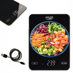 Elektroniczna waga kuchenna szklana Adler AD 3177b do 10 kg ładowana przez USB - czarna