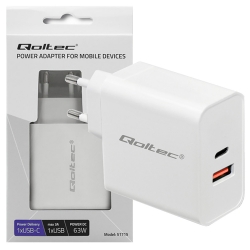 Ładowarka sieciowa Qoltec 63W 5-20V 1.5-3A USB-C PD + USB QC 3.0 biała