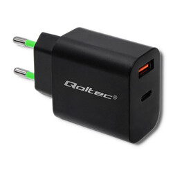 Ładowarka sieciowa Qoltec 18W 5-12V 1.5-3A USB QC 3.0   USB-C PD - czarna