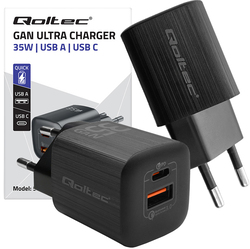 Ładowarka sieciowa Qoltec GaN ULTRA 35W 5-20V 2.25-3A USB-C PD   USB QC - czarna