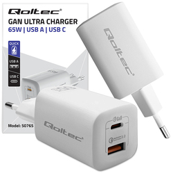 Ładowarka sieciowa Qoltec GaN ULTRA 65W 5-20V 2.25-3.25A USB-C PD   USB QC - biała