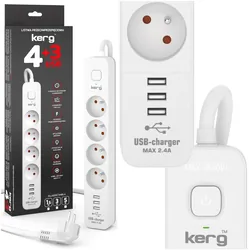 Przedłużacz przeciwprzepięciowy Kerg z wyłącznikiem 4 gniazda z uziemieniem   3x USB 1,5m 16A