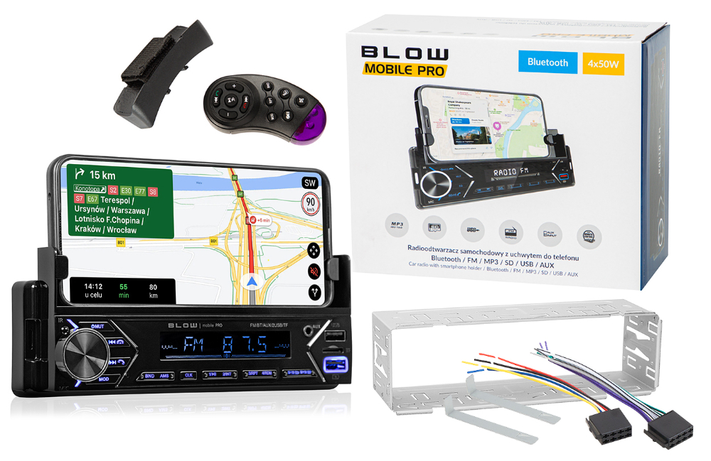 Radio samochodowe BLOW MOBILE PRO 1DIN z uchwytem na telefon Bluetooth 2xUSB SD + pilot na kierownicę