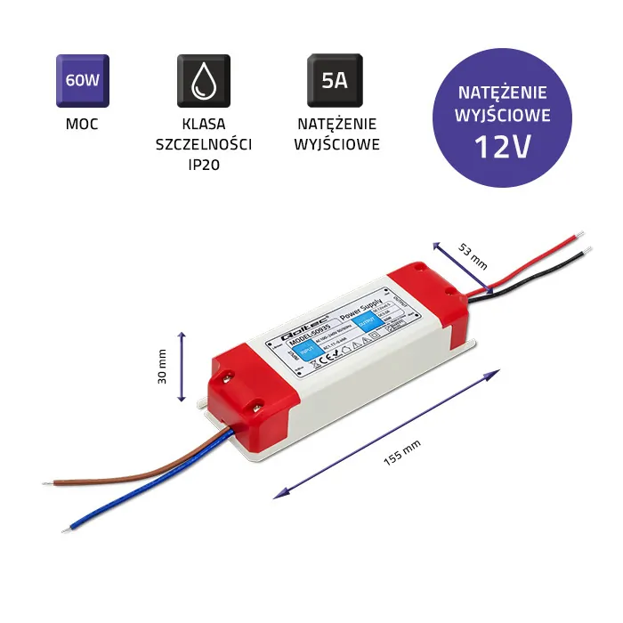 Zasilacz impulsowy LED wewnętrzny Qoltec IP20 60W 12V 5A