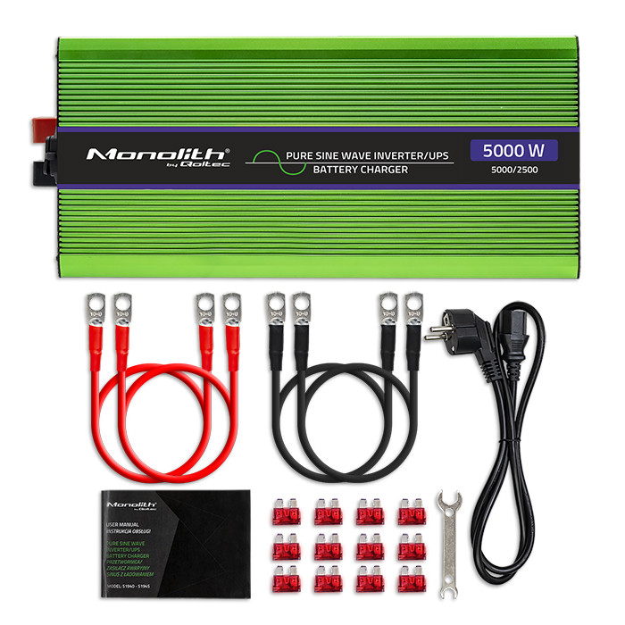 Przetwornica napięcia 3w1 UPS ładowarka akumulatorów Qoltec Monolith LCD 12V/230V 2500W/5000W Czysty Sinus