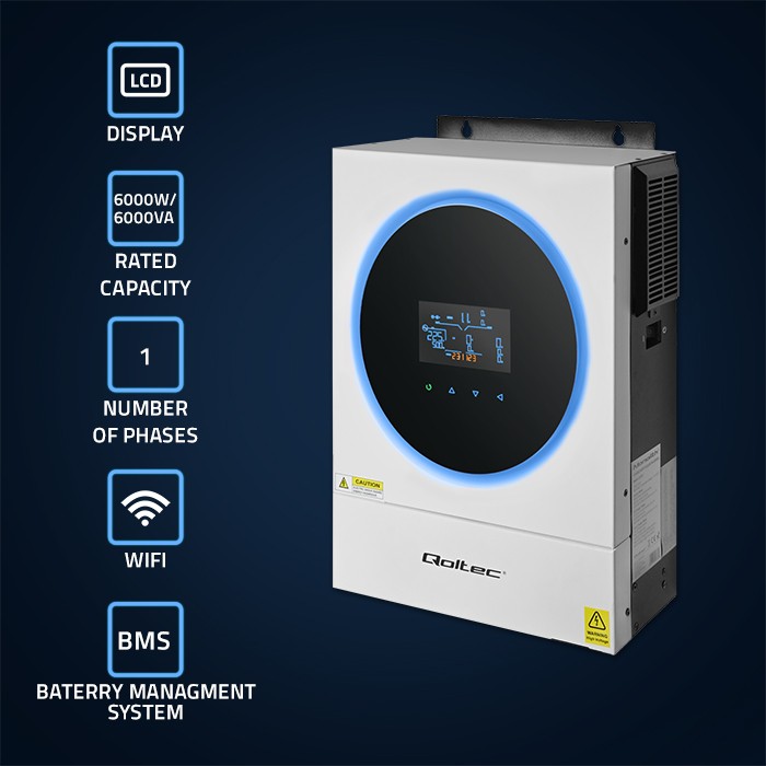 Hybrydowy inwerter solarny Qoltec Off-Grid 6kVA 6kW 120A MPPT LCD Wi-Fi BMS Sinus