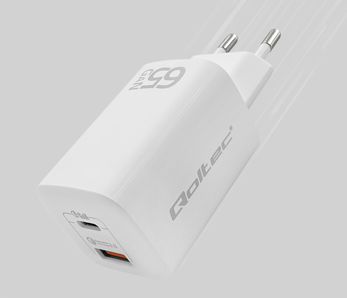 Ładowarka sieciowa Qoltec GaN ULTRA 65W 5-20V 2.25-3.25A USB-C PD + USB QC - biała