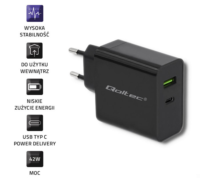 Ładowarka sieciowa Qoltec 45W 5-20V 2.25-3A USB + USB-C PD - czarna