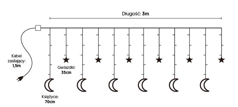 Kurtyna girlanda świetlna gwiazdy i księżyce 3m - ciepły biały