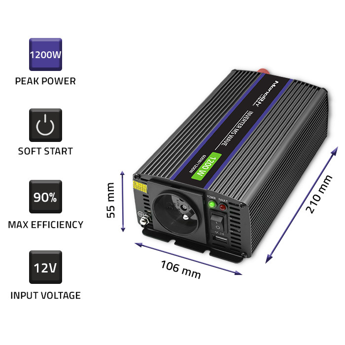 Przetwornica napięcia Qoltec Monolith 1200 MS Wave 12V/230V 600W/1200W USB