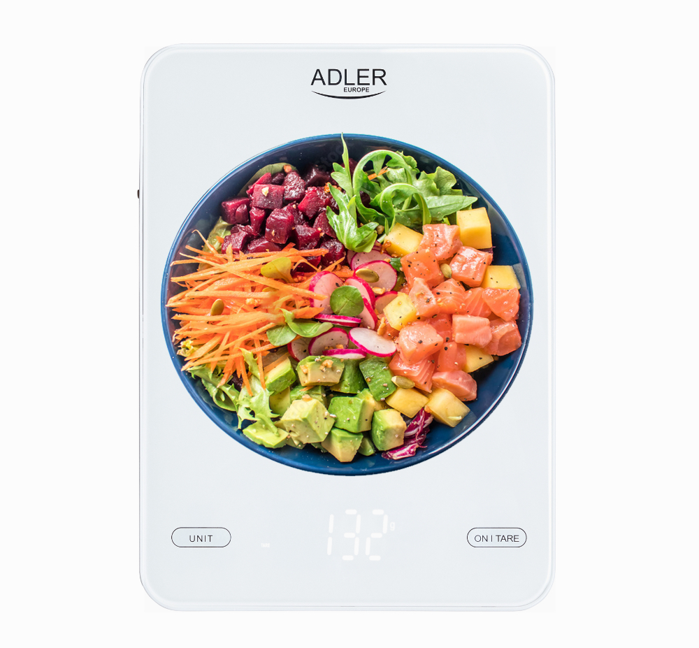 Elektroniczna waga kuchenna szklana Adler AD 3177b do 10 kg ładowana przez USB - biała