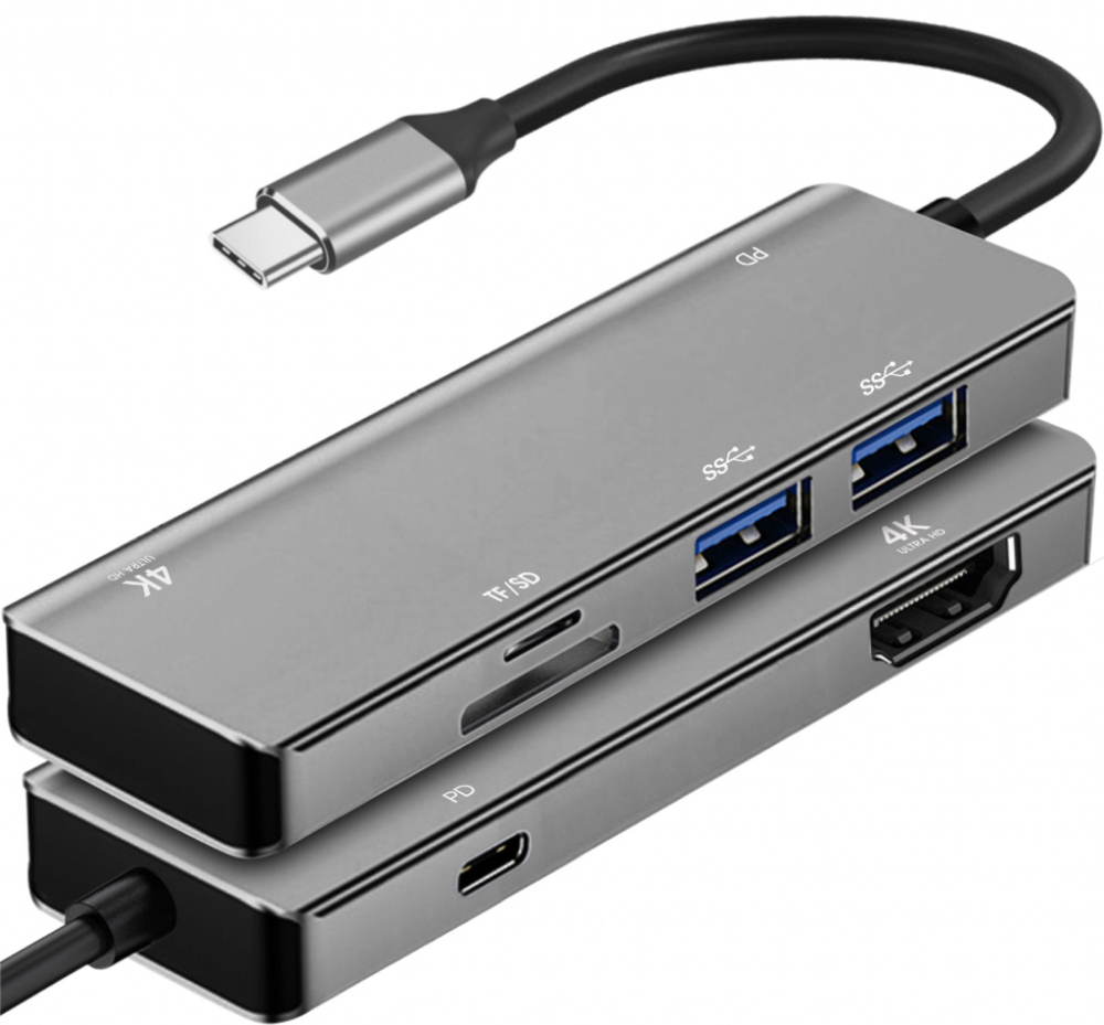 Aluminiowy adapter USB-C na HDMI 4K 30Hz + 2x USB 3.0 + USB-C + czytnik kart SD