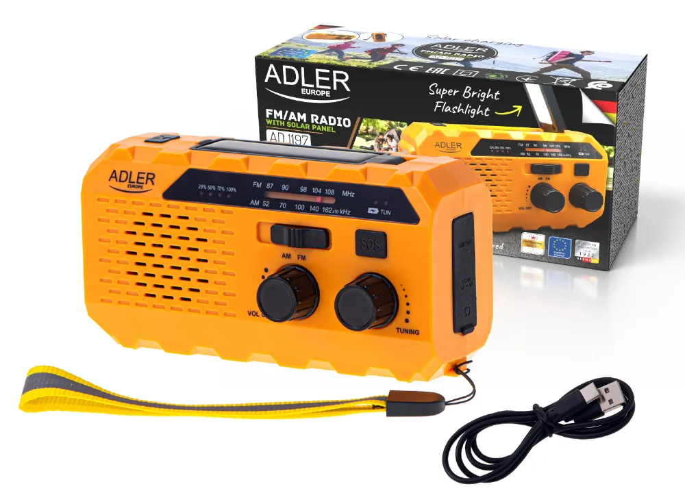 Wielofunkcyjne radio na korbkę Adler AD 1197 z panelem solarnym SOS power bank i latarką