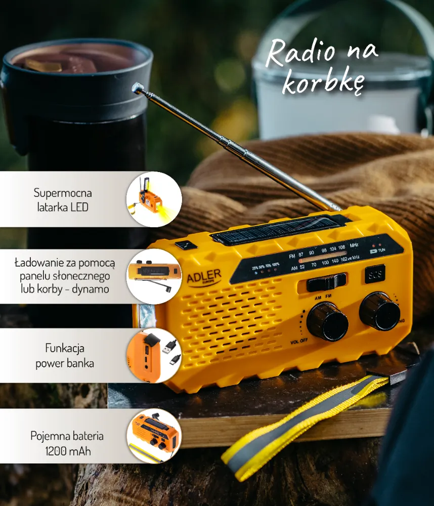 Wielofunkcyjne radio na korbkę Adler AD 1197 z panelem solarnym SOS power bank i latarką