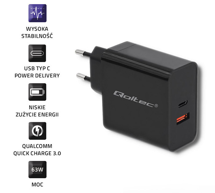 Ładowarka sieciowa Qoltec 63W 5-20V 1.5-3A USB QC 3.0 + USB-C PD - czarna