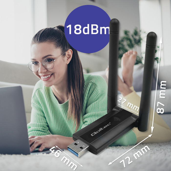 Bezprzewodowy szybki adapter DUAL Wi-Fi 2x 2dBi Qoltec standard AC USB 3.0 1200Mbps