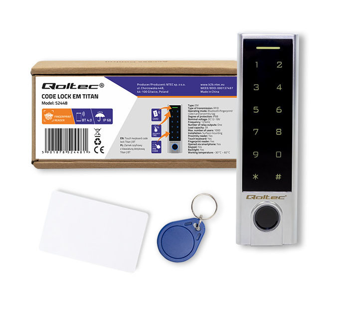 Zamek szyfrowy dotykowy Qoltec Titan z czytnikiem linii papilarnych RFID Bluetooth kod karta brelok dzwonek