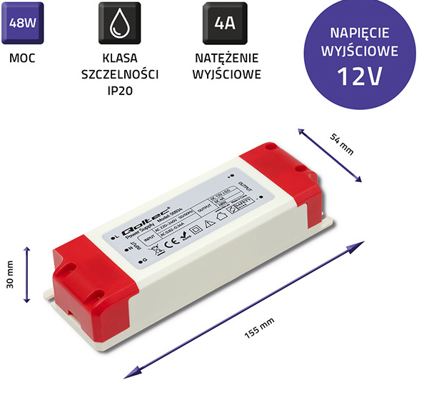 Zasilacz impulsowy LED wewnętrzny Qoltec IP20 48W 12V 4A