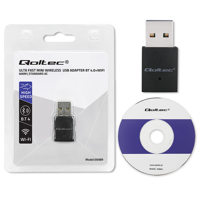 Bezprzewodowy ultra szybki mini adapter Wi-Fi Bluetooth 4.0 Qoltec standard AC USB 2.0 600Mbps