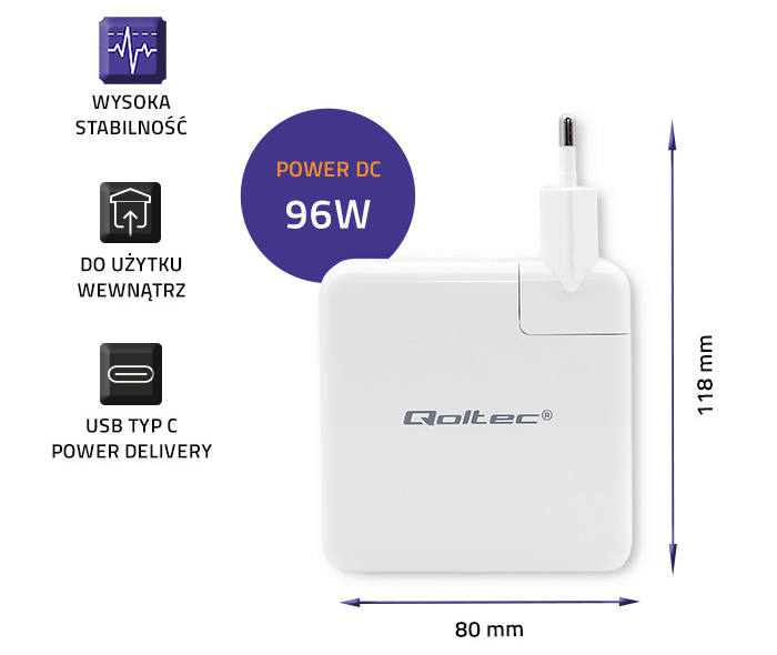 Ładowarka sieciowa Qoltec FAST 96W 5-20V 3- 4.7A USB C PD - biała