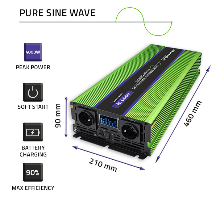 Przetwornica napięcia 3w1 UPS ładowarka akumulatorów Qoltec Monolith LCD 12V/230V 2000W/4000W Czysty Sinus