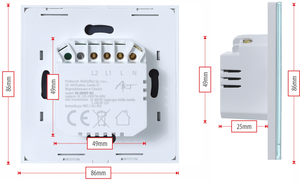 Dotykowy włącznik światła ZIGBEE 3.0 ART szklany pojedynczy - biały