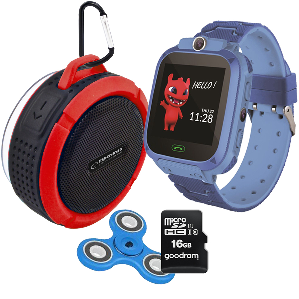Zestaw dla dzieci zegarek smartwatch Maxlife Kids Watch MXKW-300 niebieski + głośnik bluetooth + karta 16GB