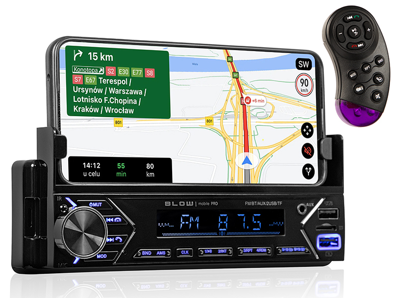 Radio samochodowe BLOW MOBILE PRO 1DIN z uchwytem na telefon Bluetooth 2xUSB SD + pilot na kierownicę