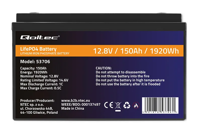 Akumulator LiFePO4 litowo-żelazowo-fosforanowy Qoltec 12.8V 150Ah 1920Wh BMS