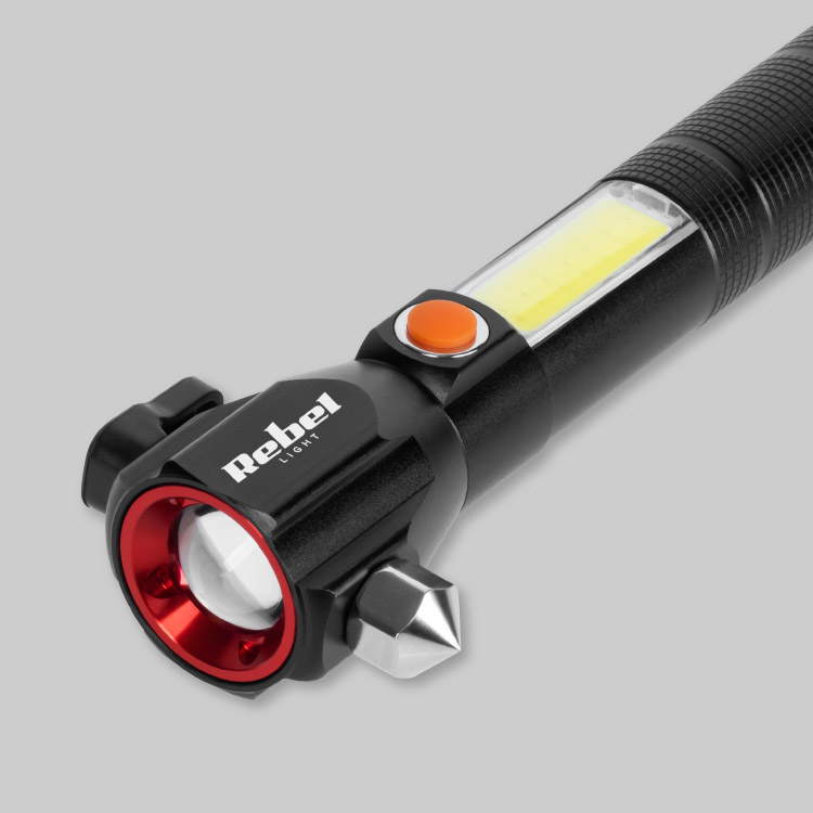 Akumulatorowa latarka ręczna ewakuacyjna REBEL LED COB ZOOM akumulator USB + młotek do szyb + nóż do pasów + magnes