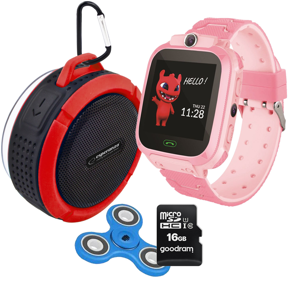 Zestaw dla dzieci zegarek smartwatch Maxlife Kids Watch MXKW-300 różowy + głośnik bluetooth + karta 16GB