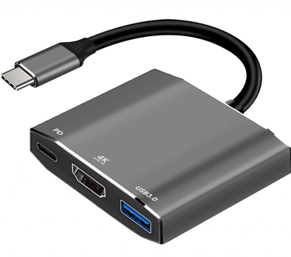 Aluminiowy adapter USB-C na HDMI 4K 30Hz + USB 3.0 + USB-C 15 cm