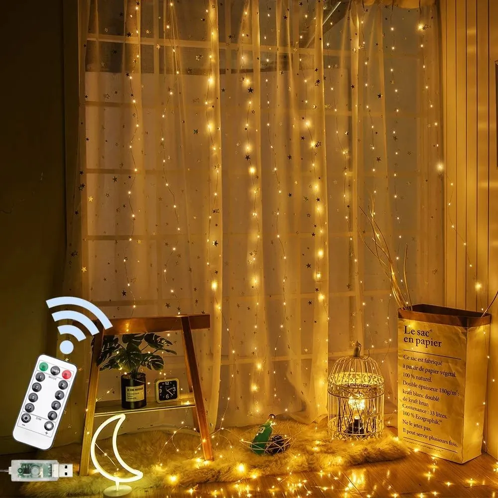 Kurtyna świetlna USB 300 LED 3x3m ciepły biały + pilot