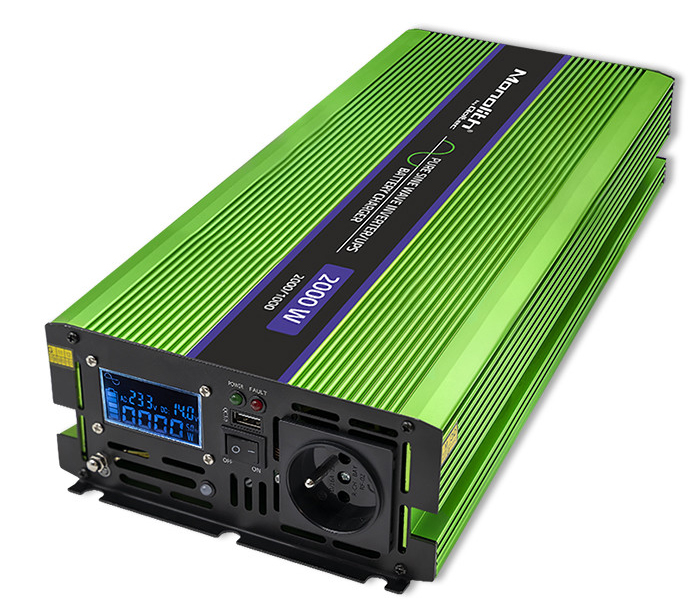 Przetwornica napięcia 3w1 UPS ładowarka akumulatorów Qoltec Monolith LCD 12V/230V 1000W/2000W Czysty Sinus