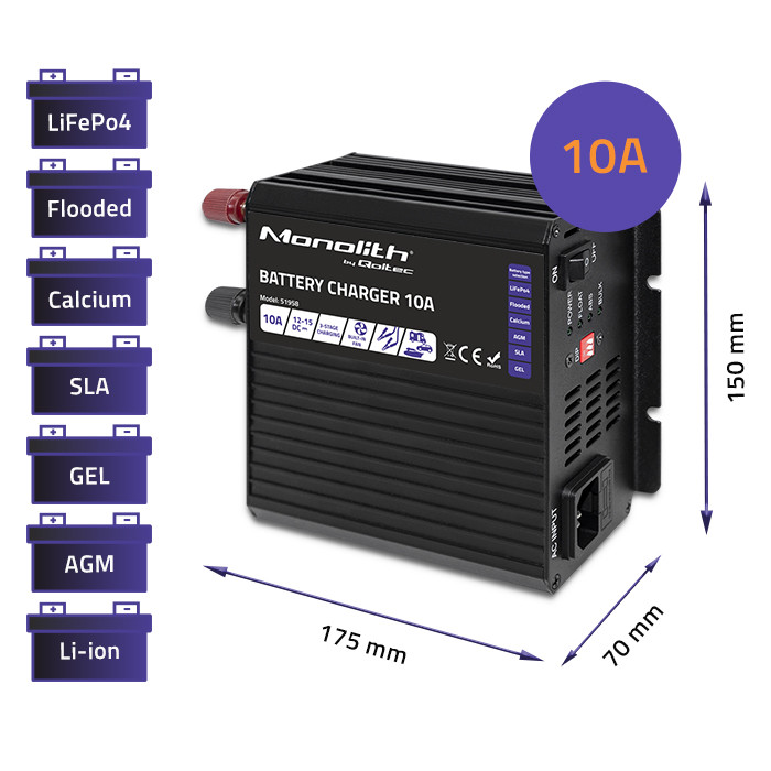 Inteligentna ładowarka do akumulatorów LiFePO4 AGM GEL SLA Qoltec Monolith 10A 12V