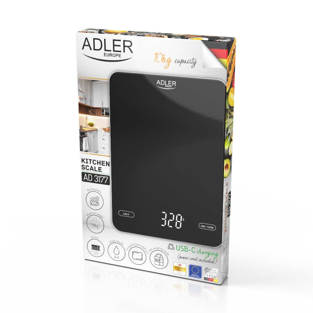 Elektroniczna waga kuchenna szklana Adler AD 3177b do 10 kg ładowana przez USB - czarna