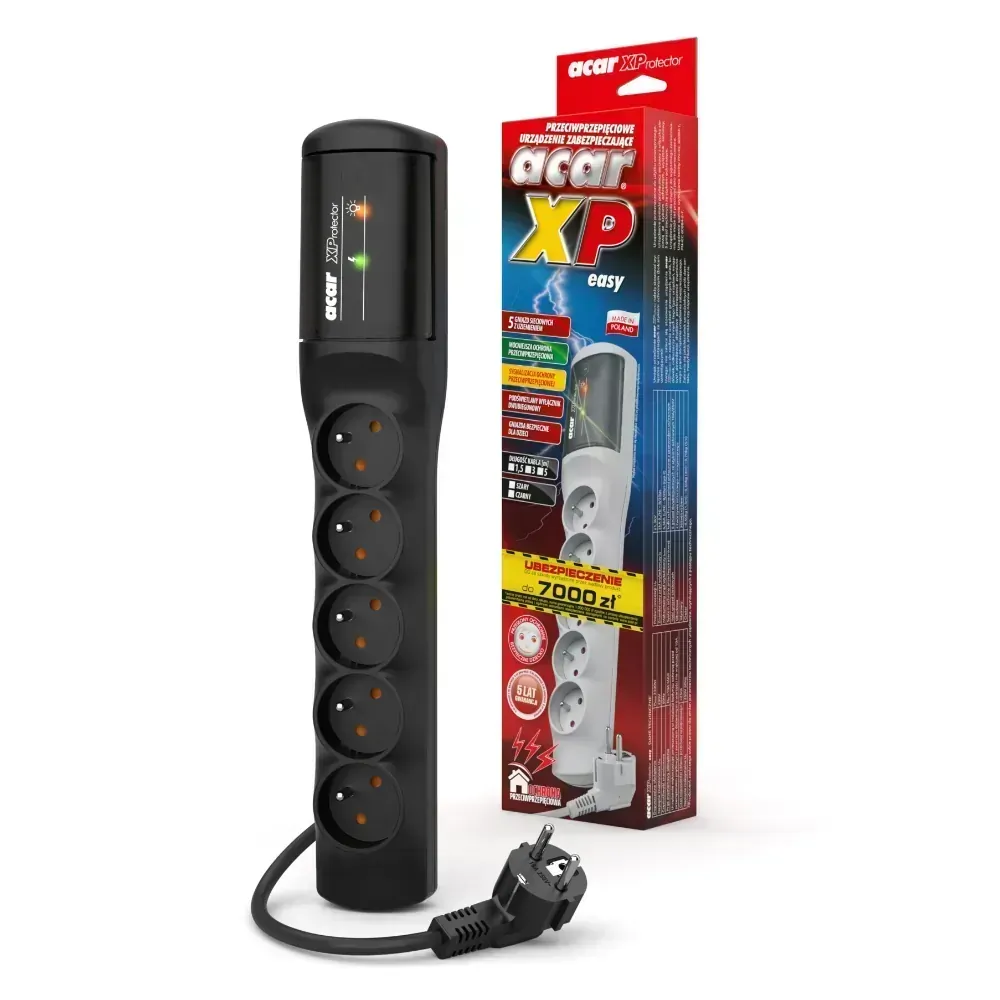Listwa przedłużacz przeciwprzepięciowy ACAR XProtector easy 5m 5 gniazd 10A czarna