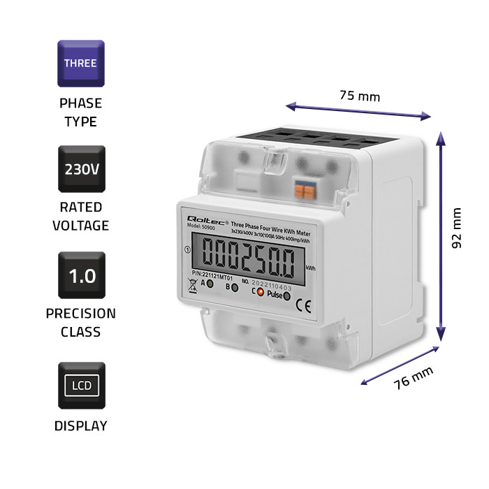Trójfazowy elektroniczny licznik miernik zużycia energii na szynę DIN Qoltec 230V LCD 4P